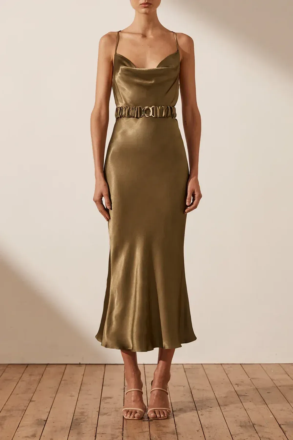 Shona Joy Gala Bias Midi Dress w/ Belt Warm Olive Size 8 for rent on The Volte - main image