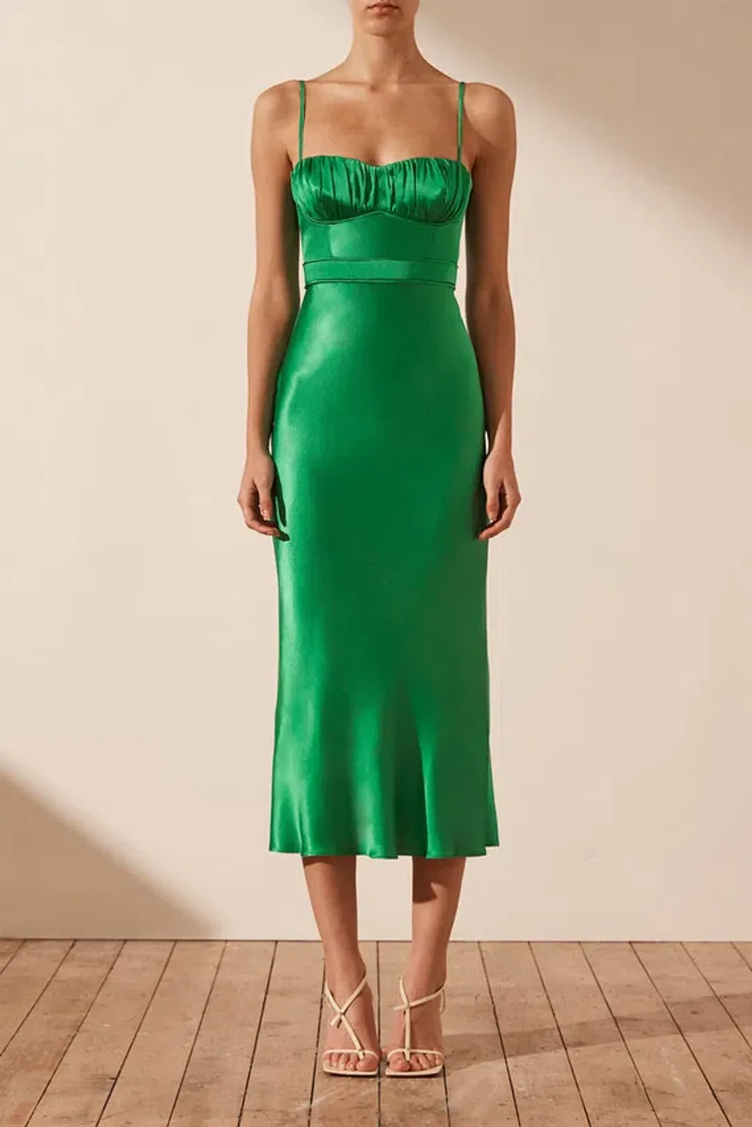 Shona Joy Lana Corded Ruched Midi Dress Tree Green Size 6 for rent on The Volte - main image