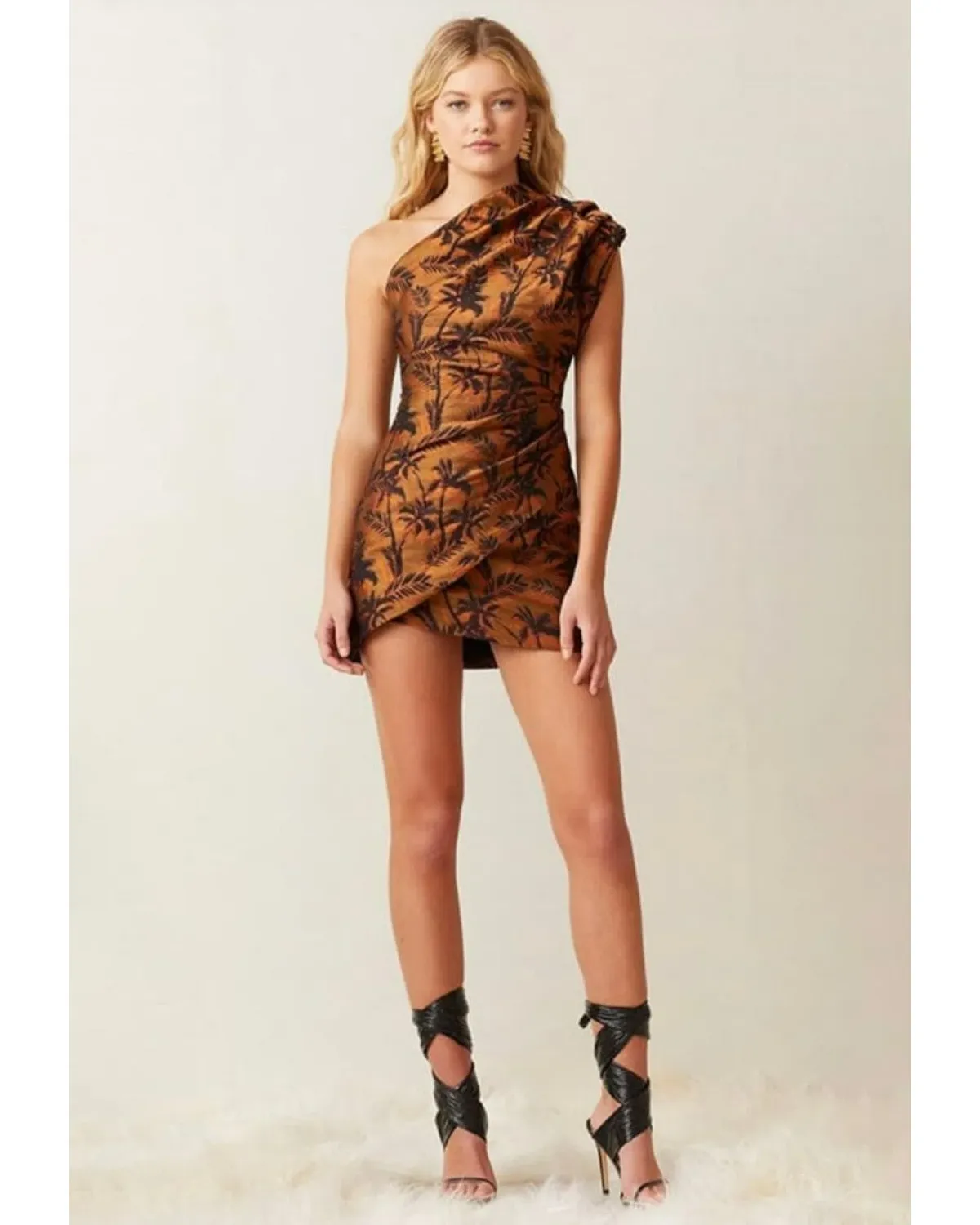 Bec & Bridge Far Out Asymmetrical Mini Dress Brown Print Size AU 10 for rent on The Volte - main image