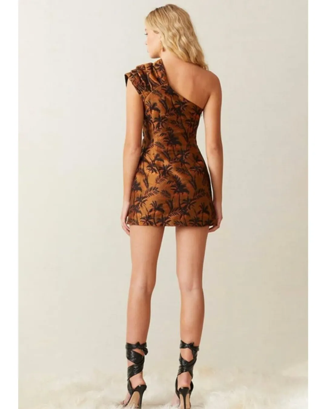 Bec & Bridge Far Out Asymmetrical Mini Dress Brown Print Size AU 10 for rent on The Volte - main image