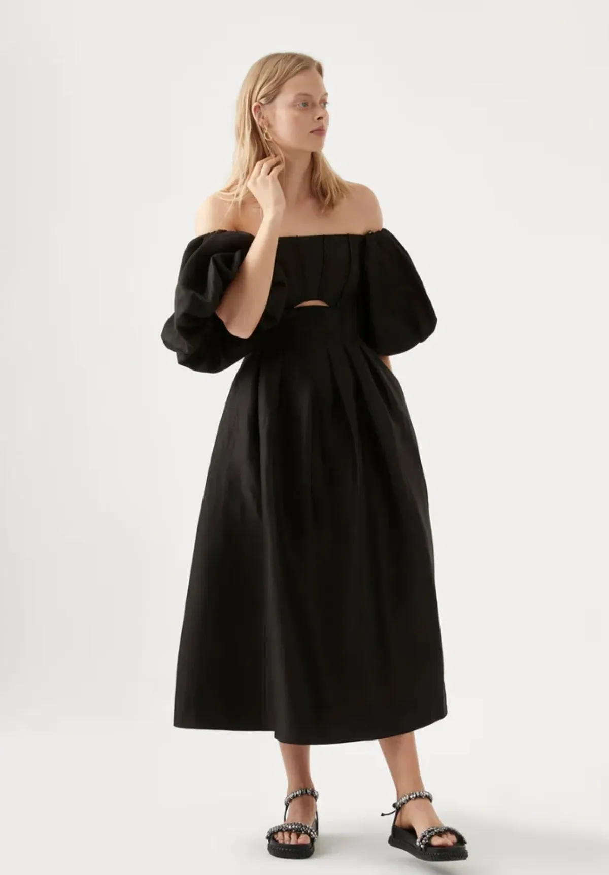 Aje Eugenie Off Shoulder Midi Dress Black Size AU 8 - Image 1