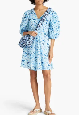 Ganni Printed Cotton-Poplin Mini Dress Blue Size 10 for rent on The Volte - image 1