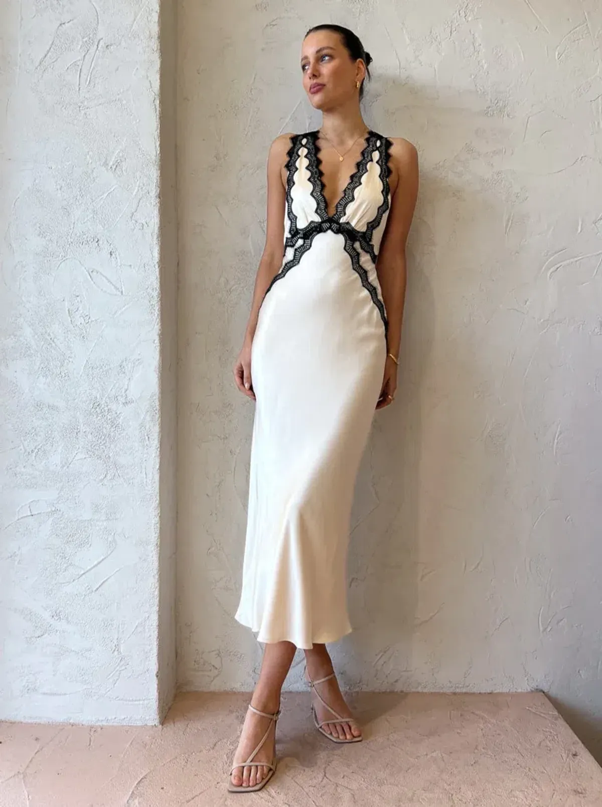 Shona Joy Camille Lace Cross Back Midi Dress Cream/Black Size 8 - Image 1
