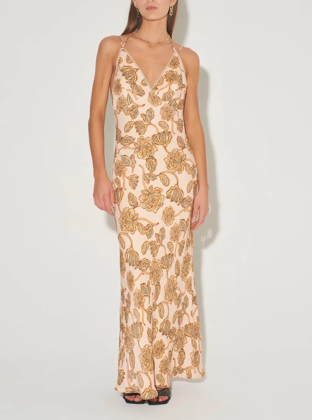 Hansen and Gretel Meadow Bias Backless Dress Peach Floral Size S / Au 8 for rent on The Volte - main image