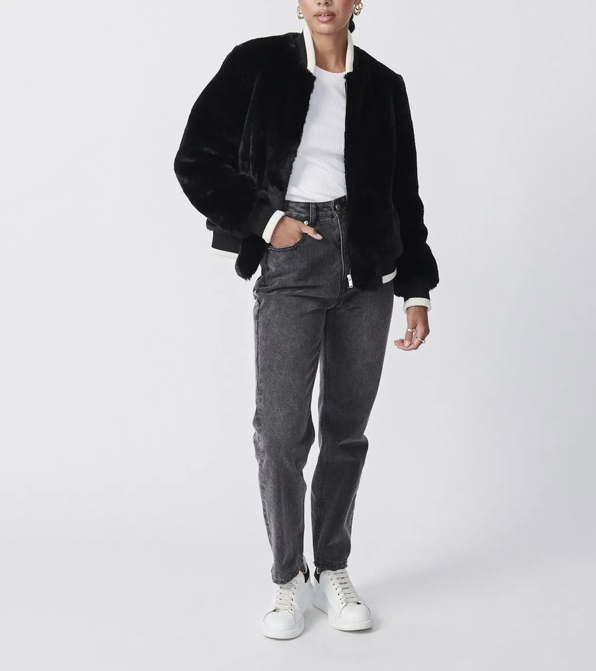 Ena Pelly Essential Faux Fur Bomber Jacket in Black Size AU 12 - Image 2