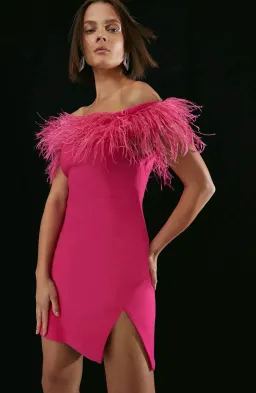 Karen Millen Feather Bardot Crepe Mini Dress Pink Size 10 for rent on The Volte - image 1