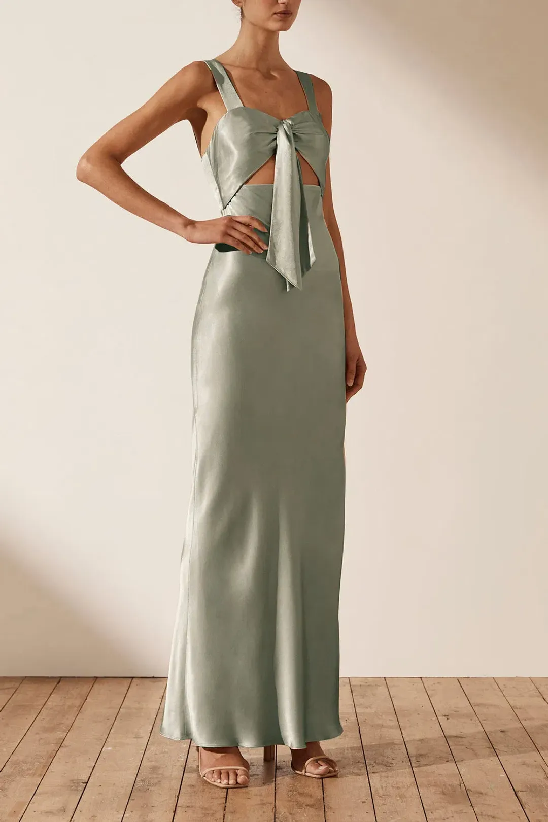 Shona Joy La Lune Bow Tie Maxi Dress in Sage Size 6 for rent on The Volte - main image