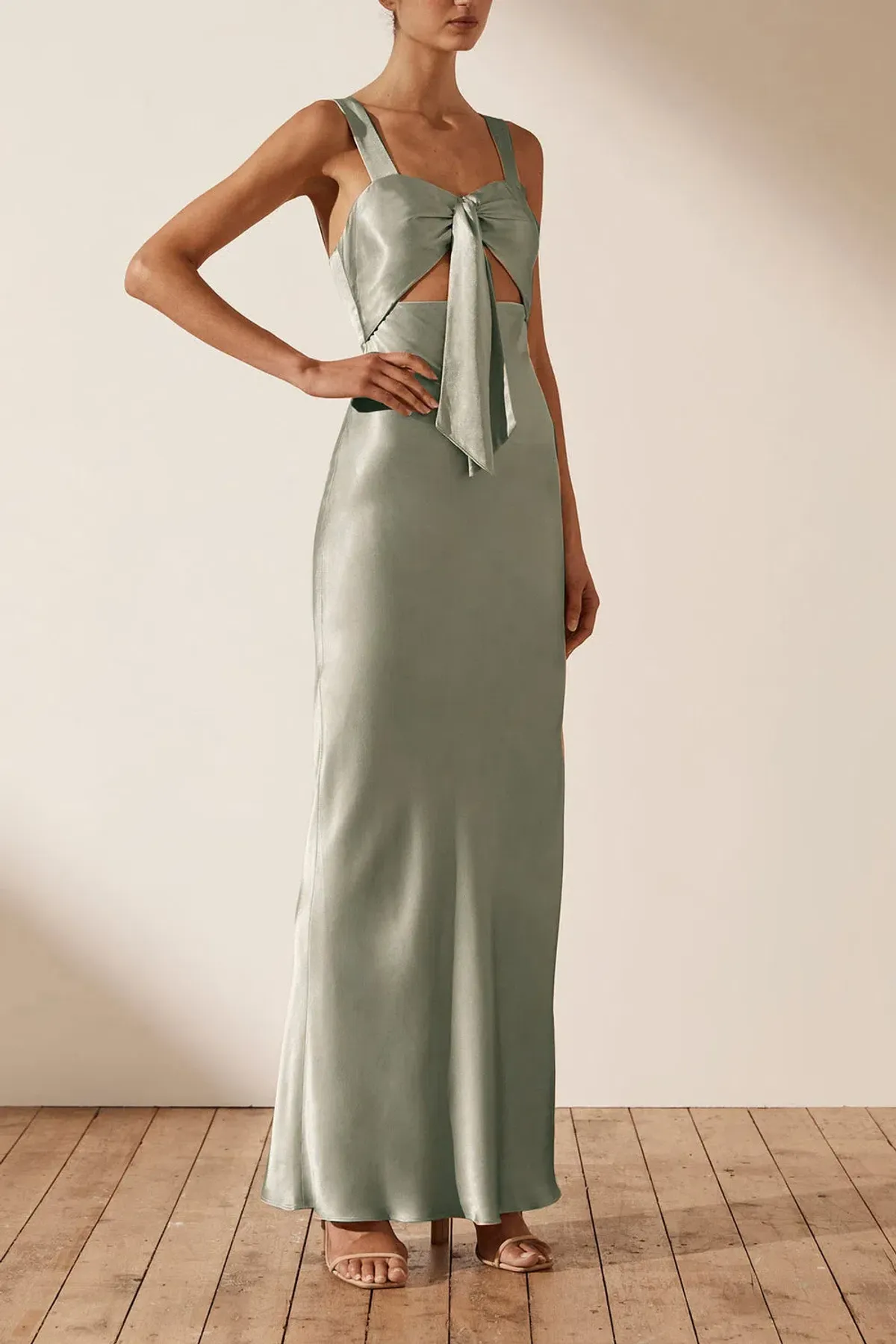 Shona Joy La Lune Bow Tie Maxi Dress in Sage Size 6 for rent on The Volte - main image