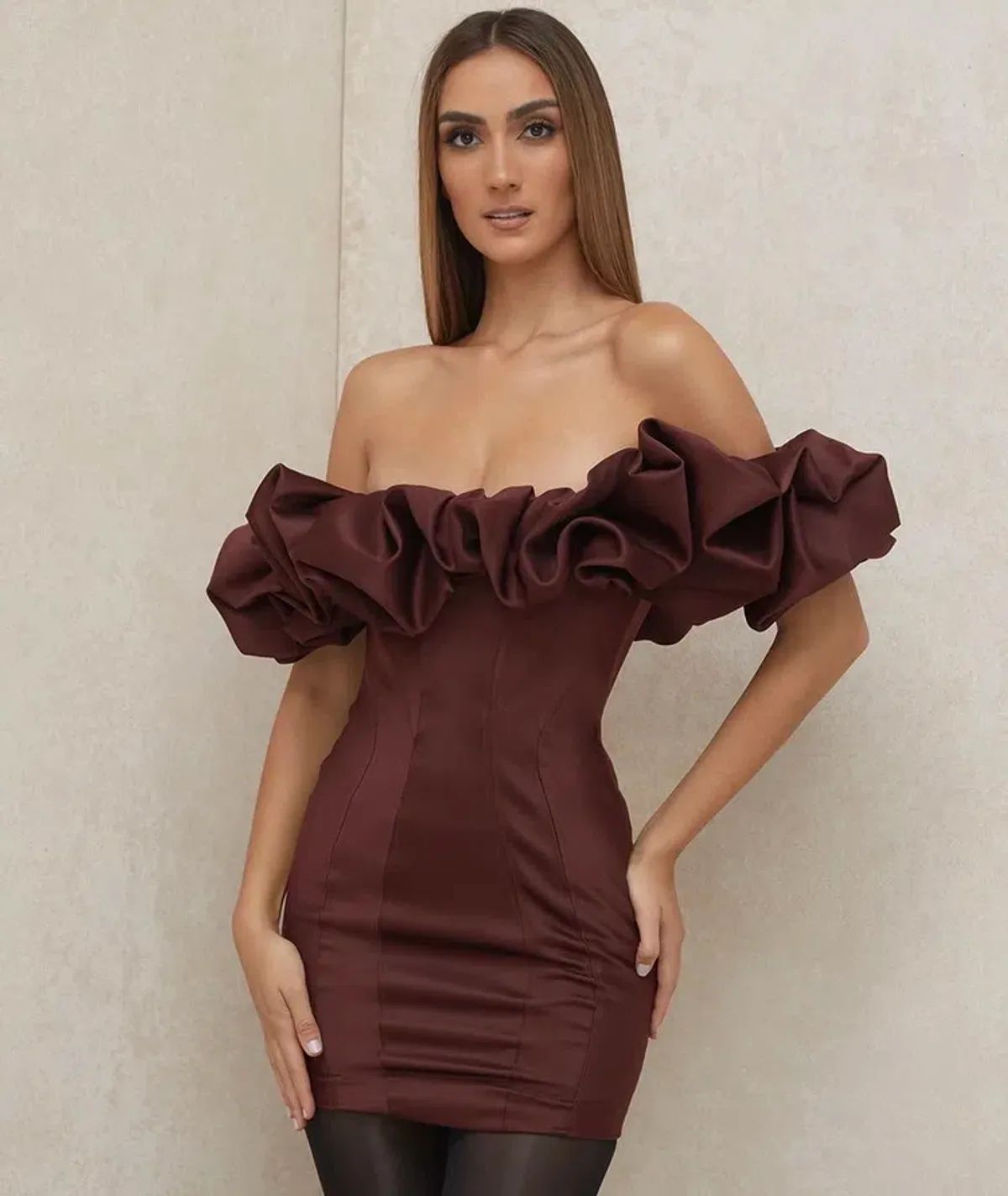 House of CB Selena Satin Ruffle Strapless Mini Dress Brown Size M / Au 10 - Image 1