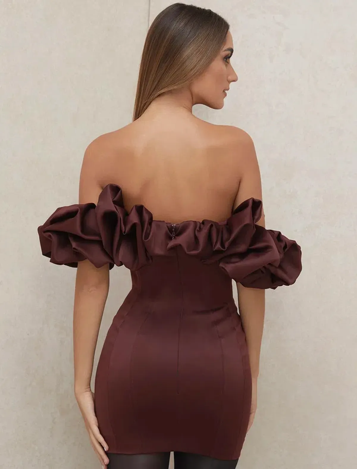 House of CB Selena Satin Ruffle Strapless Mini Dress Brown Size M / Au 10 - Image 6