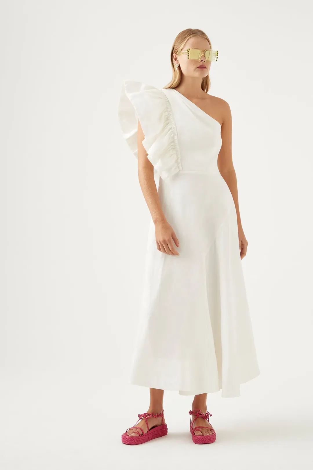 Aje Bonjour Asymmetric Midi Dress White Size 8 for rent on The Volte - main image