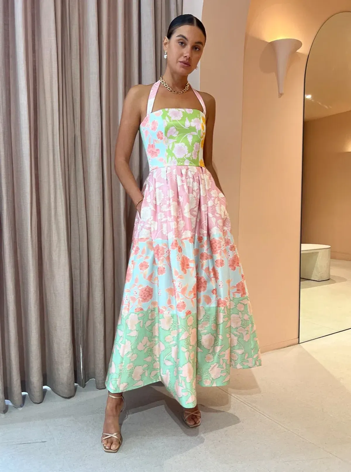 Leo Lin Ana Halterneck Maxi Dress in Anaemone Splice Print Size 8 for rent on The Volte - main image