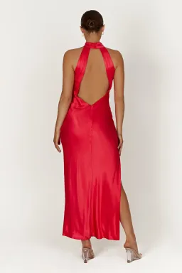 Meshki Claire Satin Drape Back Maxi Dress with Split in Red Size M / Au 10 for rent on The Volte - image 2