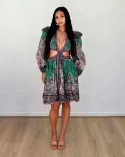 Zimmermann Anneke Ruffle Mini Dress Teal Paisley Size 0 for rent on The Volte - image 4