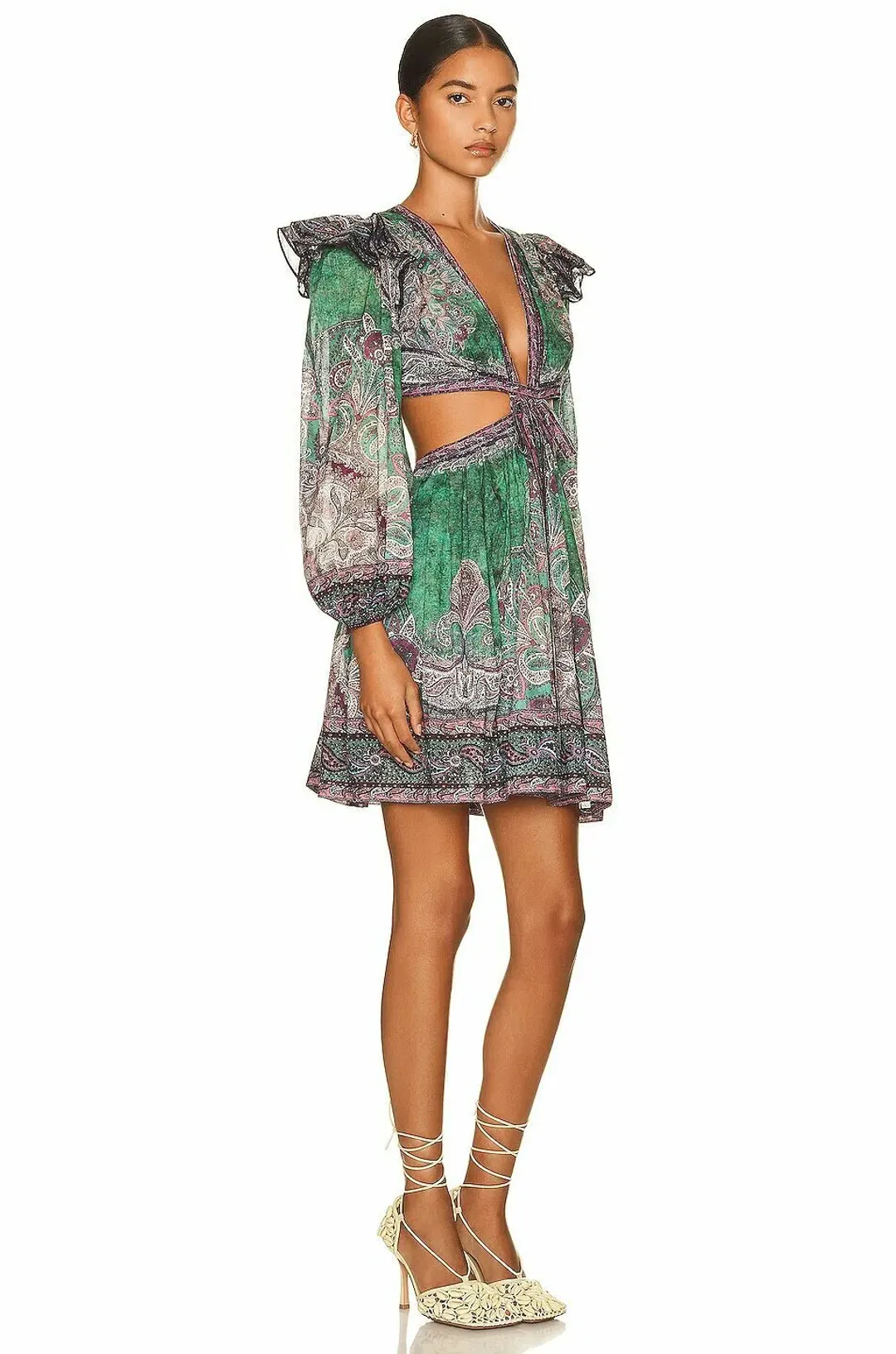 Zimmermann Anneke Ruffle Mini Dress Teal Paisley Size 0 for rent on The Volte - main image
