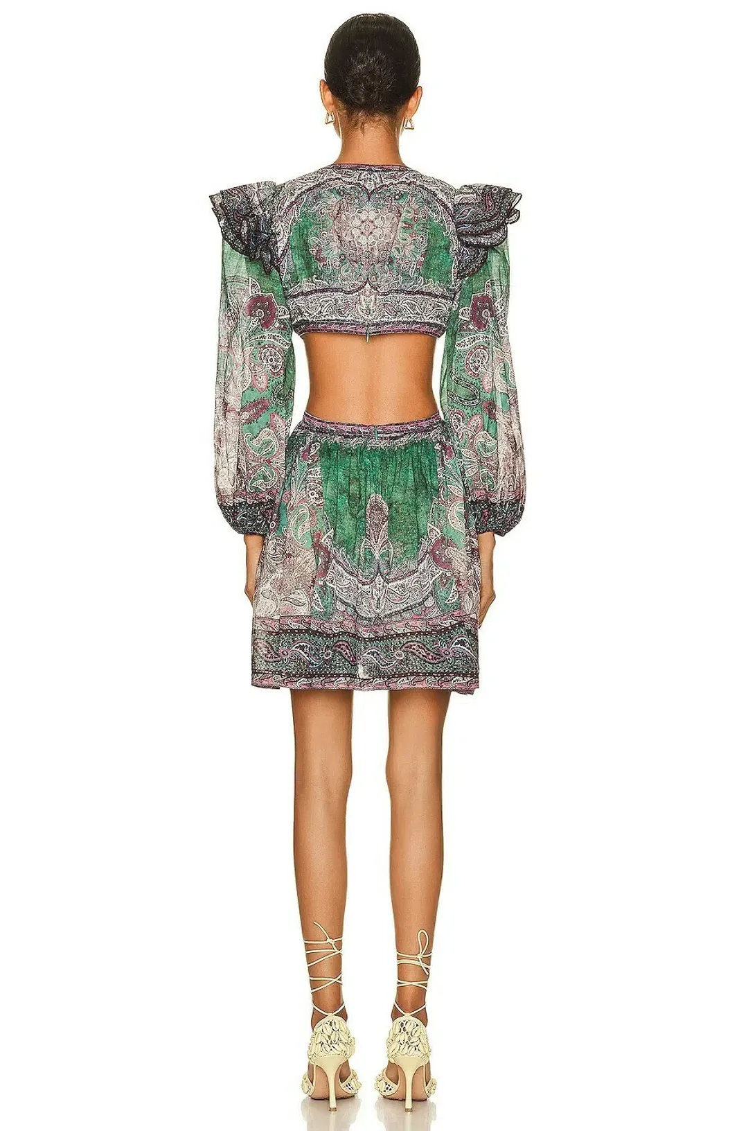 Zimmermann Anneke Ruffle Mini Dress Teal Paisley Size 0 for rent on The Volte - main image