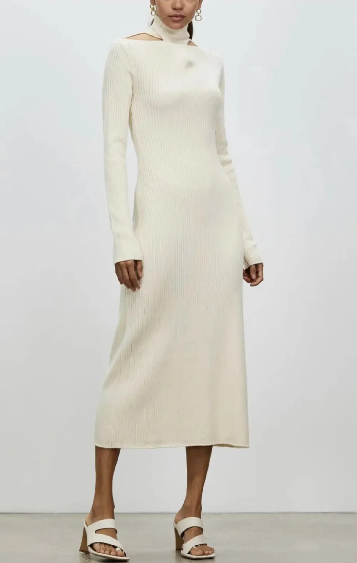 Camilla And Marc Ecru High Neck Gray Rib Knit Midi Dress Size 10 - Image 3