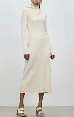 Camilla And Marc Ecru High Neck Gray Rib Knit Midi Dress Size 10 for rent on The Volte - image 3