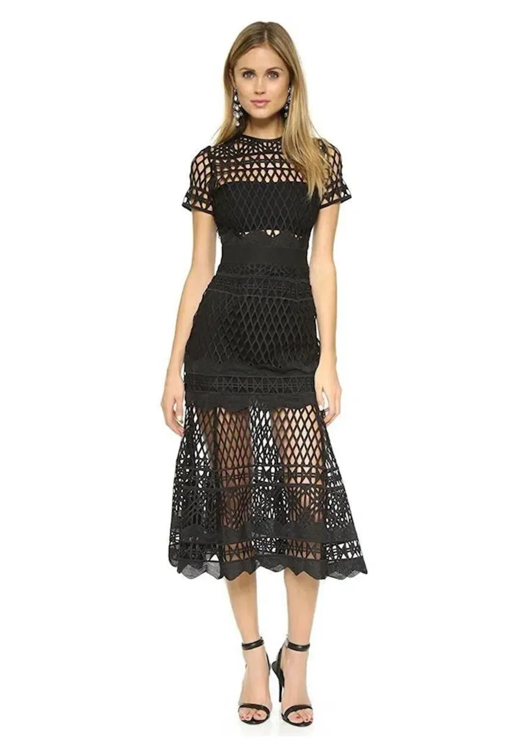 Self Portrait Cutwork Lace Layered Midi Dress Black Size 8 for rent on The Volte - main image