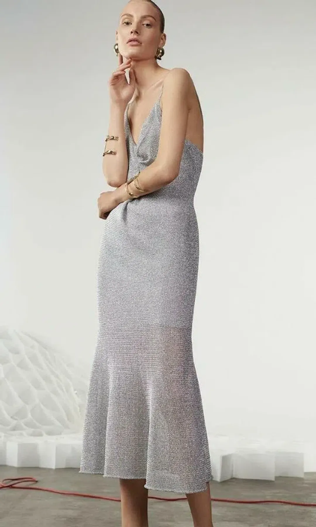 Sass & Bide Liquid Metal Knit Midi Dress Silver Size 8 for rent on The Volte - main image