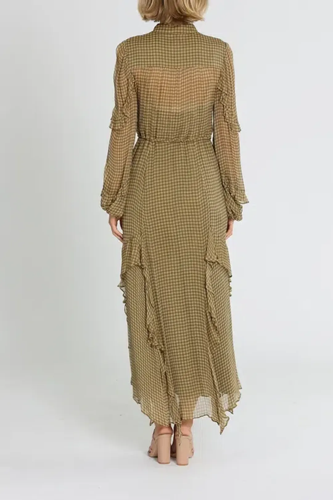 Shona Joy Eleonora Drawstring Frill Midi Dress Olive Khaki Size 8 for rent on The Volte - main image