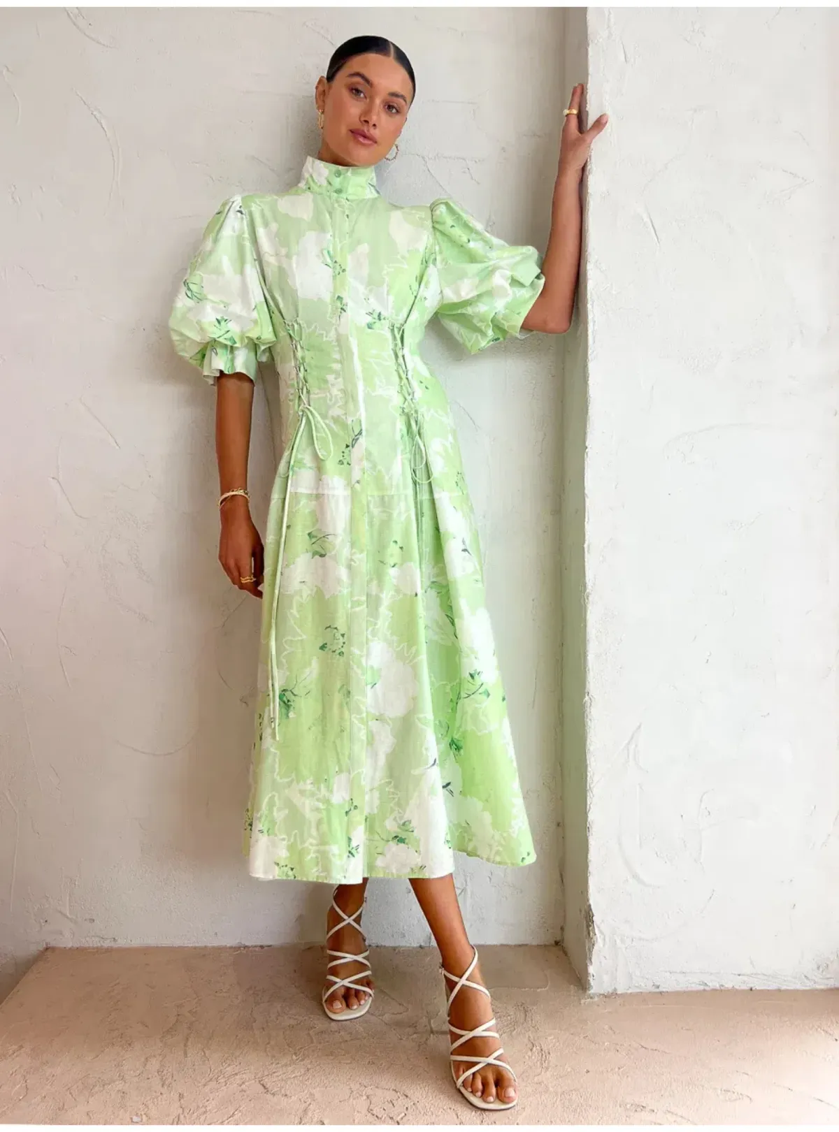 Leo Lin Anneke Drawstring Midi Dress Jasmine Print in Sage Size AU 12 - Image 1