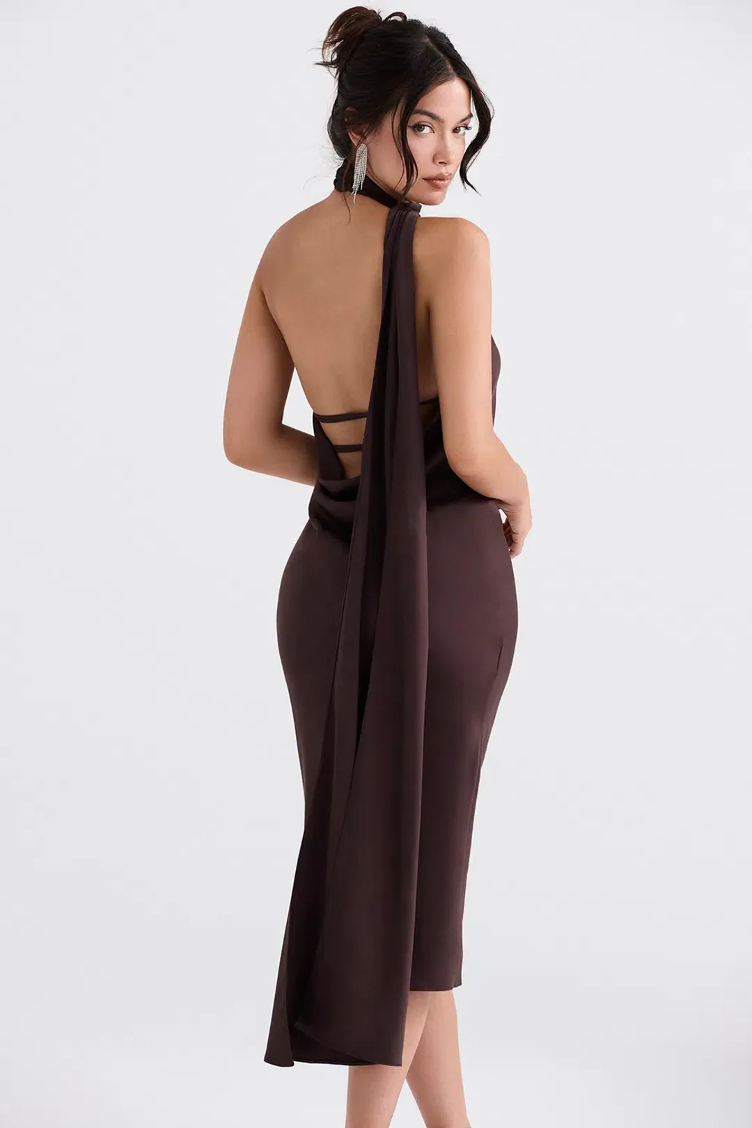 House of CB Angelina Wrap Neck Midi Dress Chocolate Size XS / AU 6 for rent on The Volte - main image