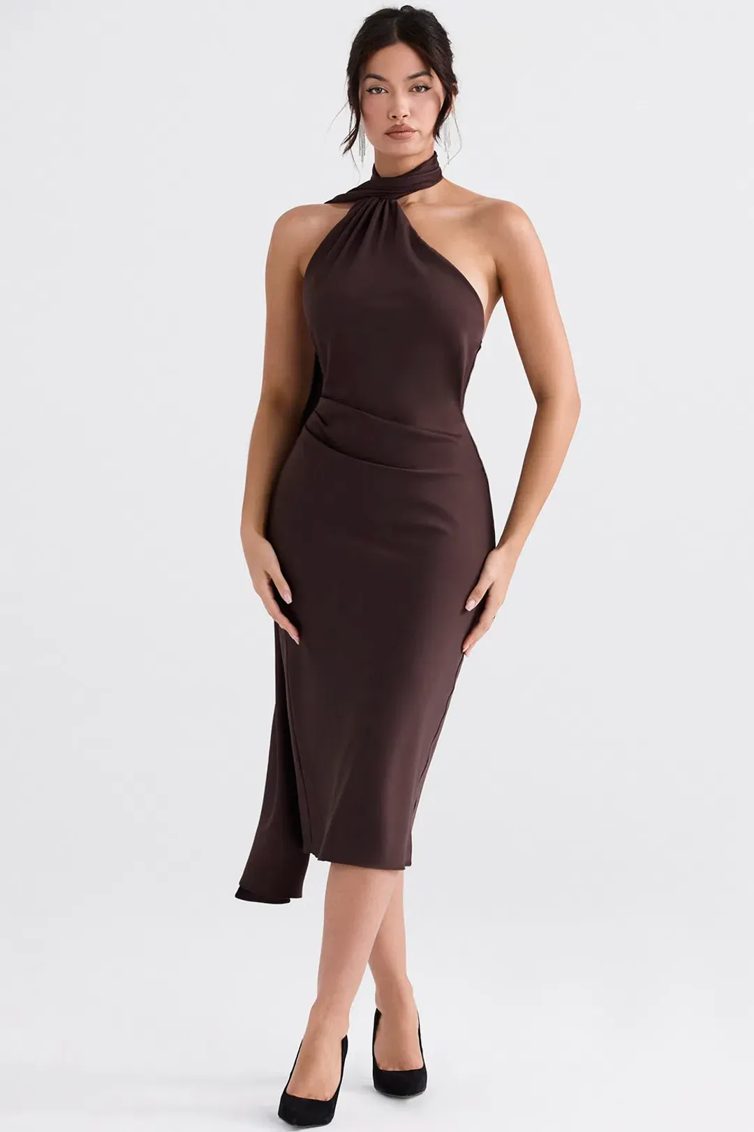 House of CB Angelina Wrap Neck Midi Dress Chocolate Size XS / AU 6 for rent on The Volte - main image