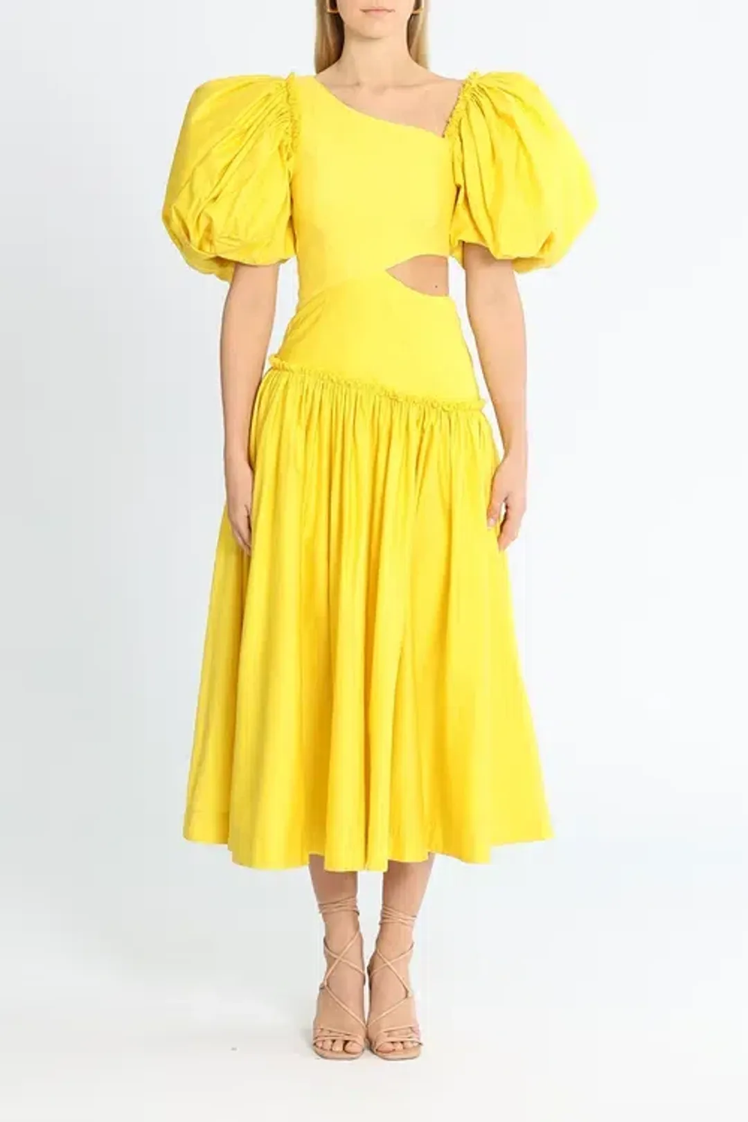 Aje Chateau Cut Out Midi Dress Yellow Size AU 8 for rent on The Volte - main image