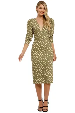 By Johnny Peach Polka V Plunge Midi Dress Olive Green Khaki Size AU 6 for rent on The Volte - image 1