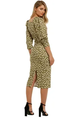 By Johnny Peach Polka V Plunge Midi Dress Olive Green Khaki Size AU 6 for rent on The Volte - image 3