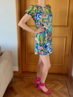 Dolce and Gabbana Printed Silk Dress with Embroidered Applique Floral Size 44 / AU 12 for rent on The Volte - image 2