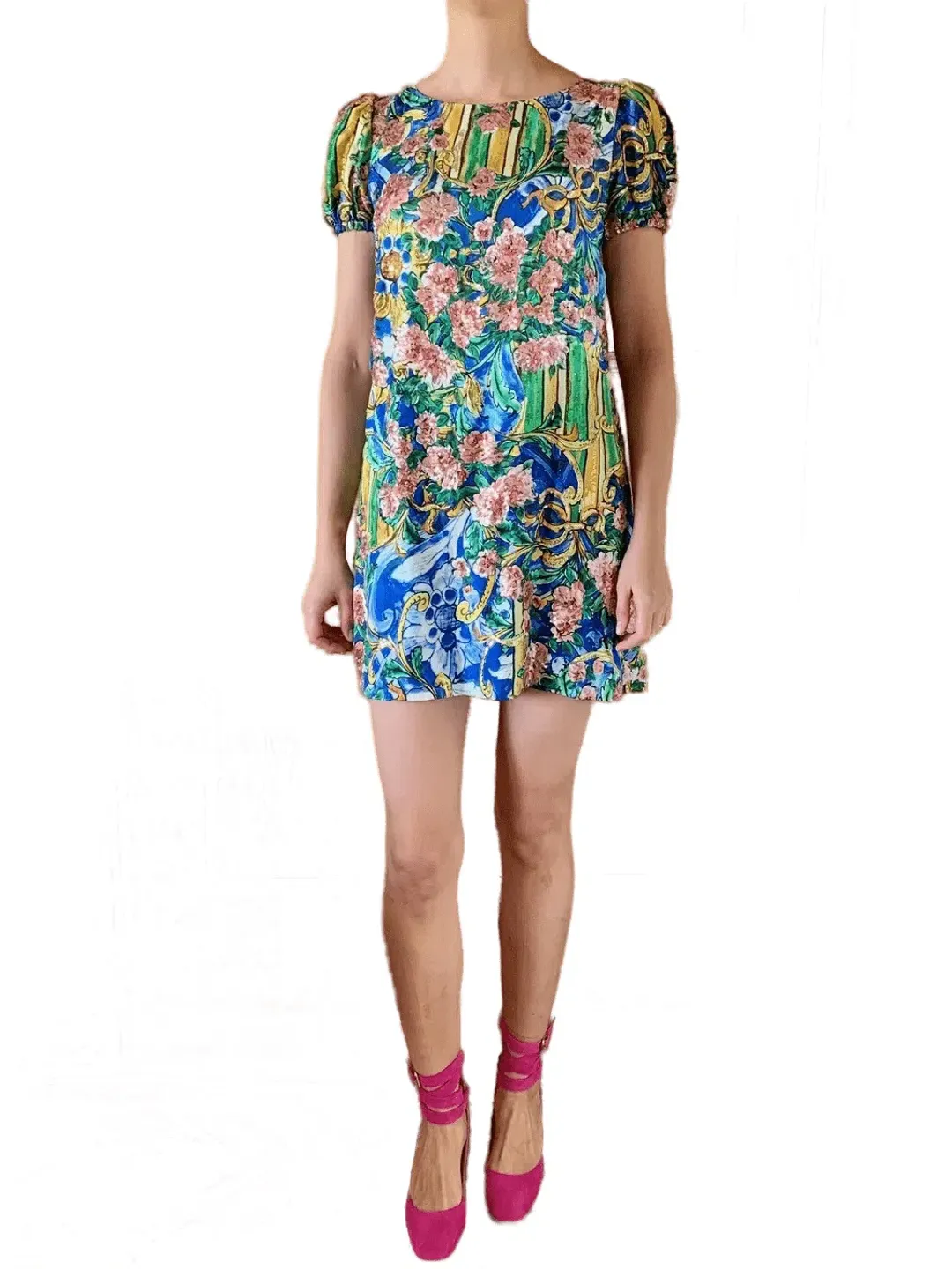 Dolce and Gabbana Printed Silk Dress with Embroidered Applique Floral Size 44 / AU 12 for rent on The Volte - main image