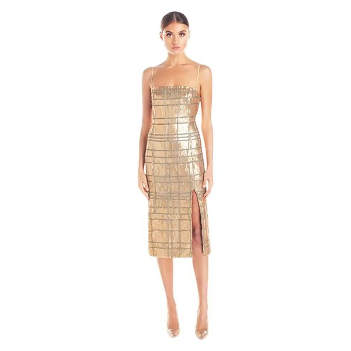 MISHA Yvette Midi Dress Gold Sequin Size 10/M for rent on The Volte - main image