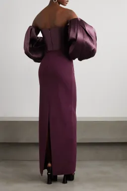 Solace London Carmen Off-the-shoulder Gathered Satin And Crepe Maxi Dress Purple Size AU 8 for rent on The Volte - image 2