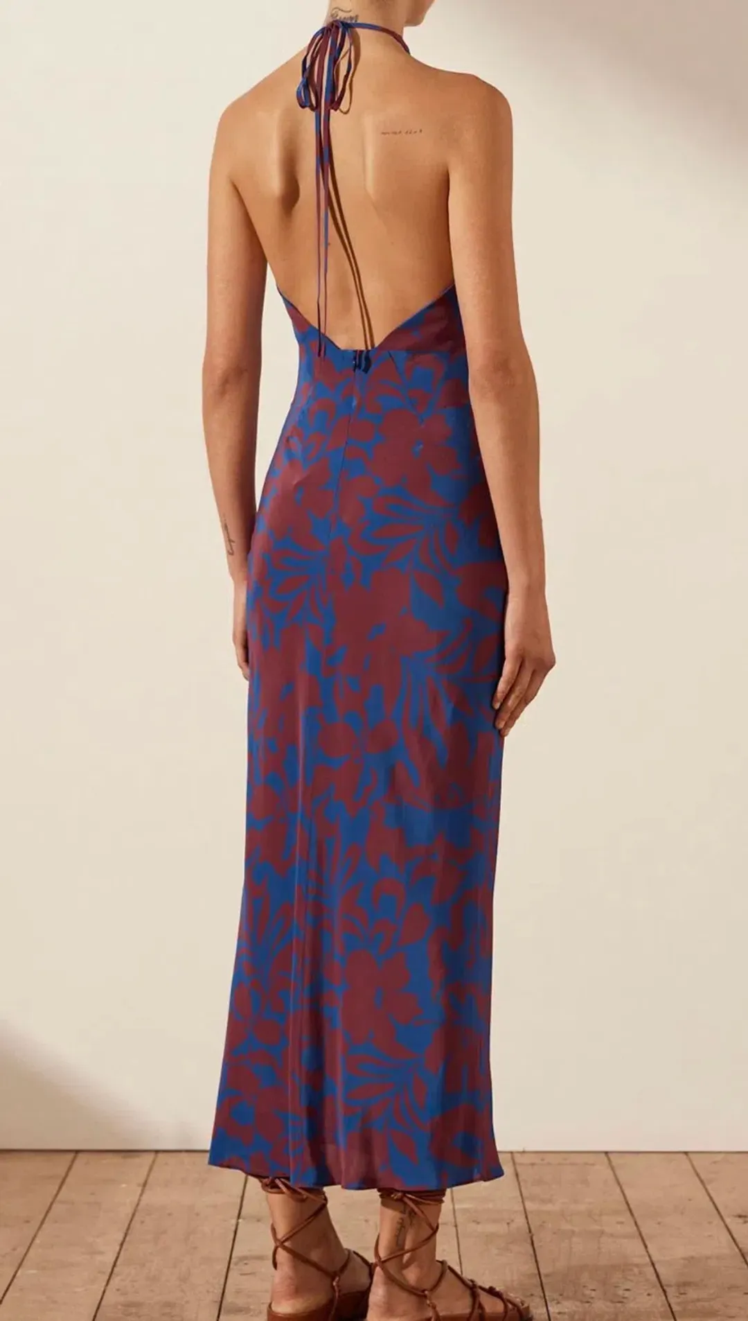 Shona Joy Vida Silk Cross Front Halter Bias Midi Dress Strong Blue Deep Wine Size AU 6 for rent on The Volte - main image