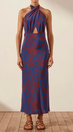 Shona Joy Vida Silk Cross Front Halter Bias Midi Dress Strong Blue Deep Wine Size AU 6 for rent on The Volte - image 2