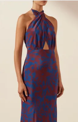 Shona Joy Vida Silk Cross Front Halter Bias Midi Dress Strong Blue Deep Wine Size AU 6 for rent on The Volte - image 4