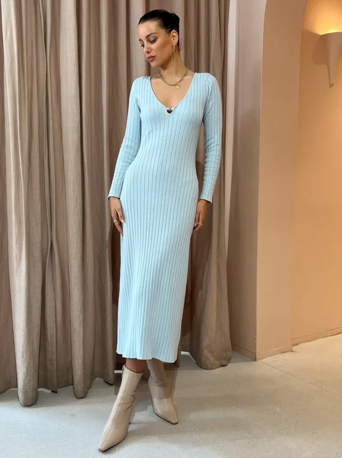 By Nicola Astrology Midi Knit Dress In Ice Blue Size AU 10 for rent on The Volte - main image
