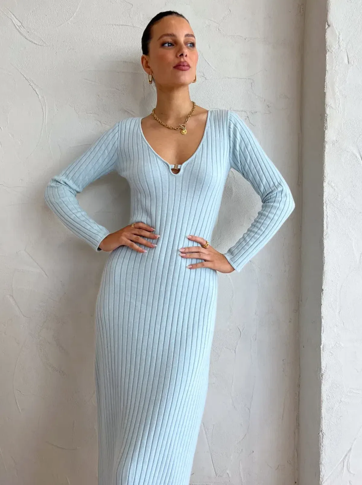 By Nicola Astrology Midi Knit Dress In Ice Blue Size AU 10 - Image 4