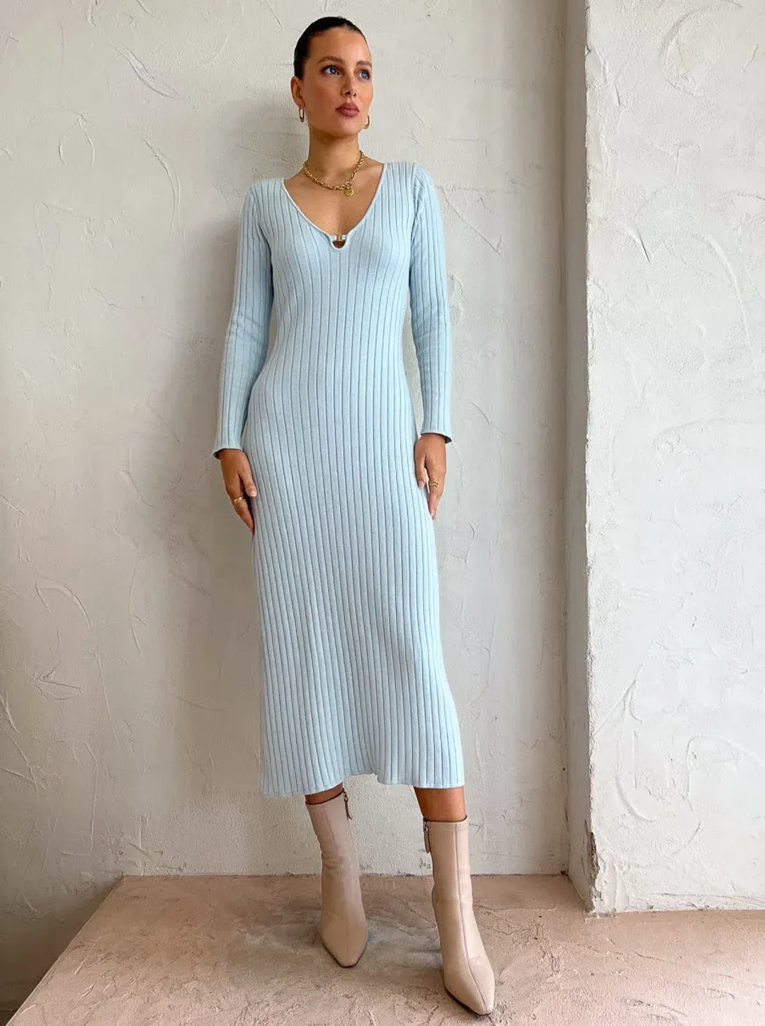 By Nicola Astrology Midi Knit Dress In Ice Blue Size AU 10 for rent on The Volte - main image