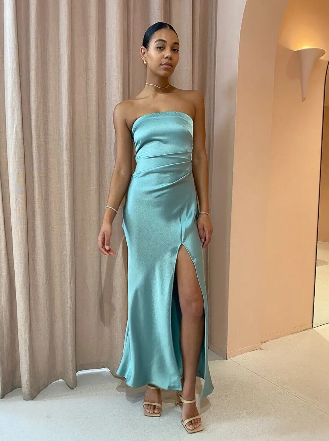 Bec & Bridge Symone Strapless Dress Moss Green Size 6 for rent on The Volte - main image