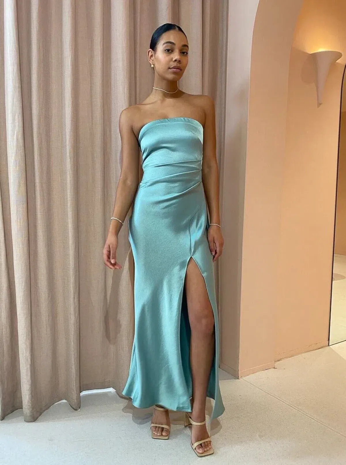 Bec & Bridge Symone Strapless Dress Moss Green Size 6 for rent on The Volte - main image