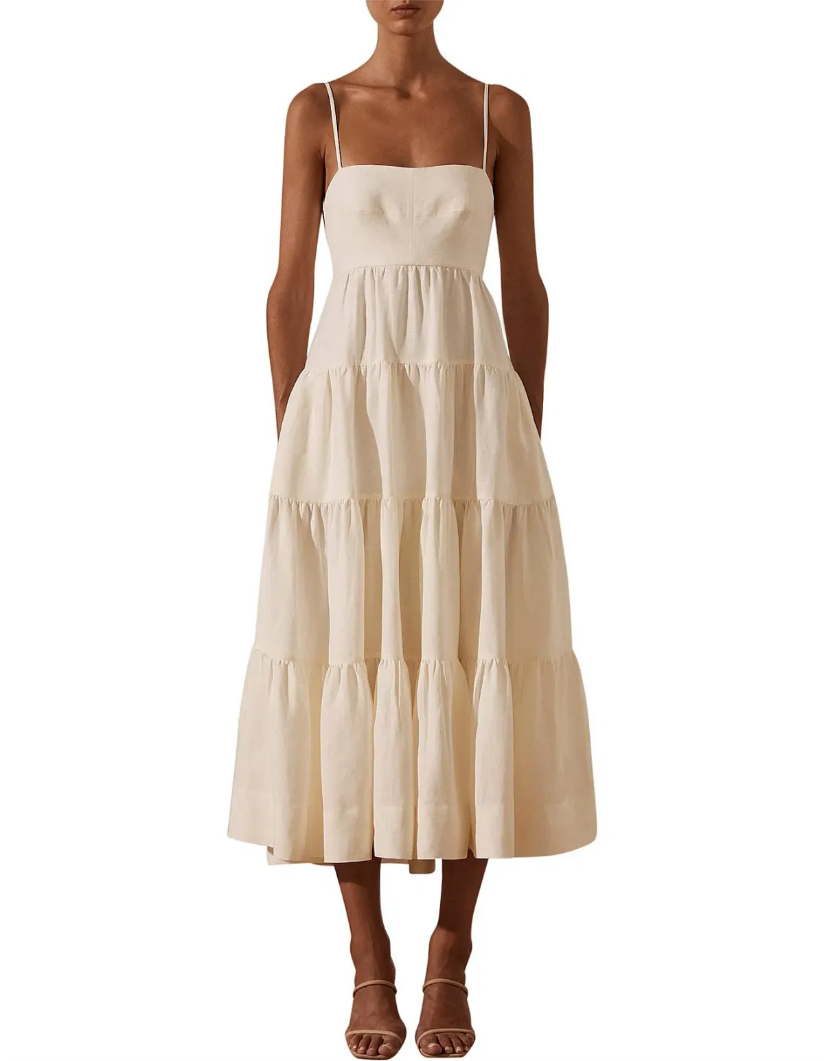 Shona Joy Blanca Linen Tiered Midi Dress Cream Size 10 - Image 1