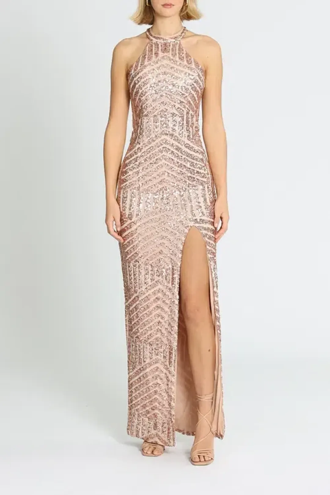L'amour Diana Halter Gown Blush Rose Gold Size AU 14 for rent on The Volte - main image