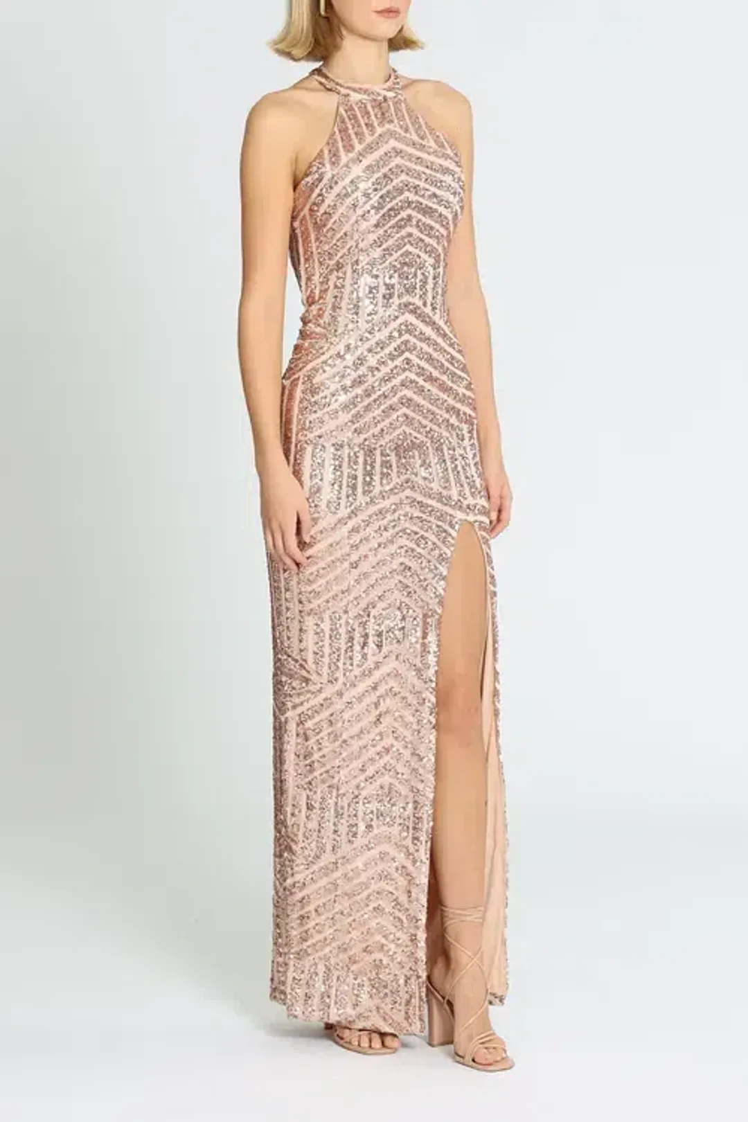 L'amour Diana Halter Gown Blush Rose Gold Size AU 16 for rent on The Volte - main image
