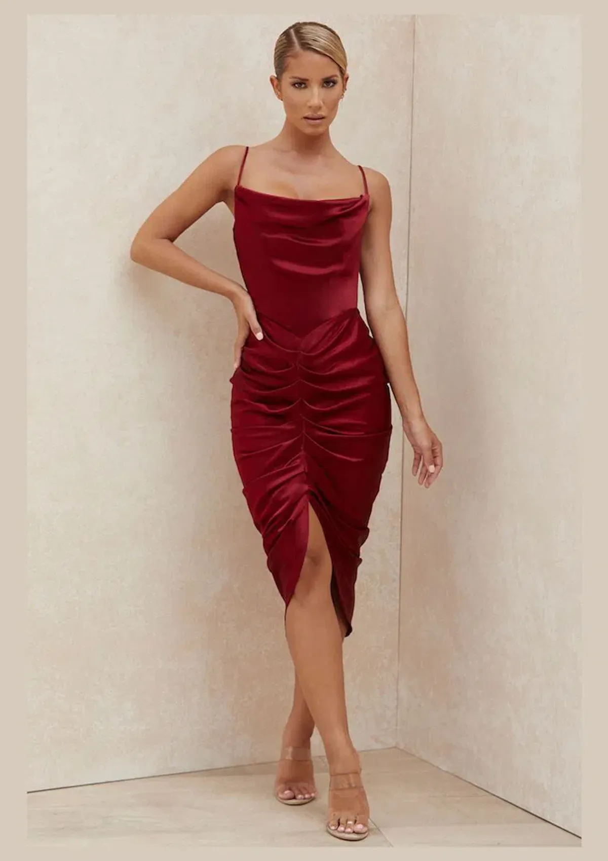 House of CB Nera Satin Draped Corset Dress Wine Size 6 for rent on The Volte - main image
