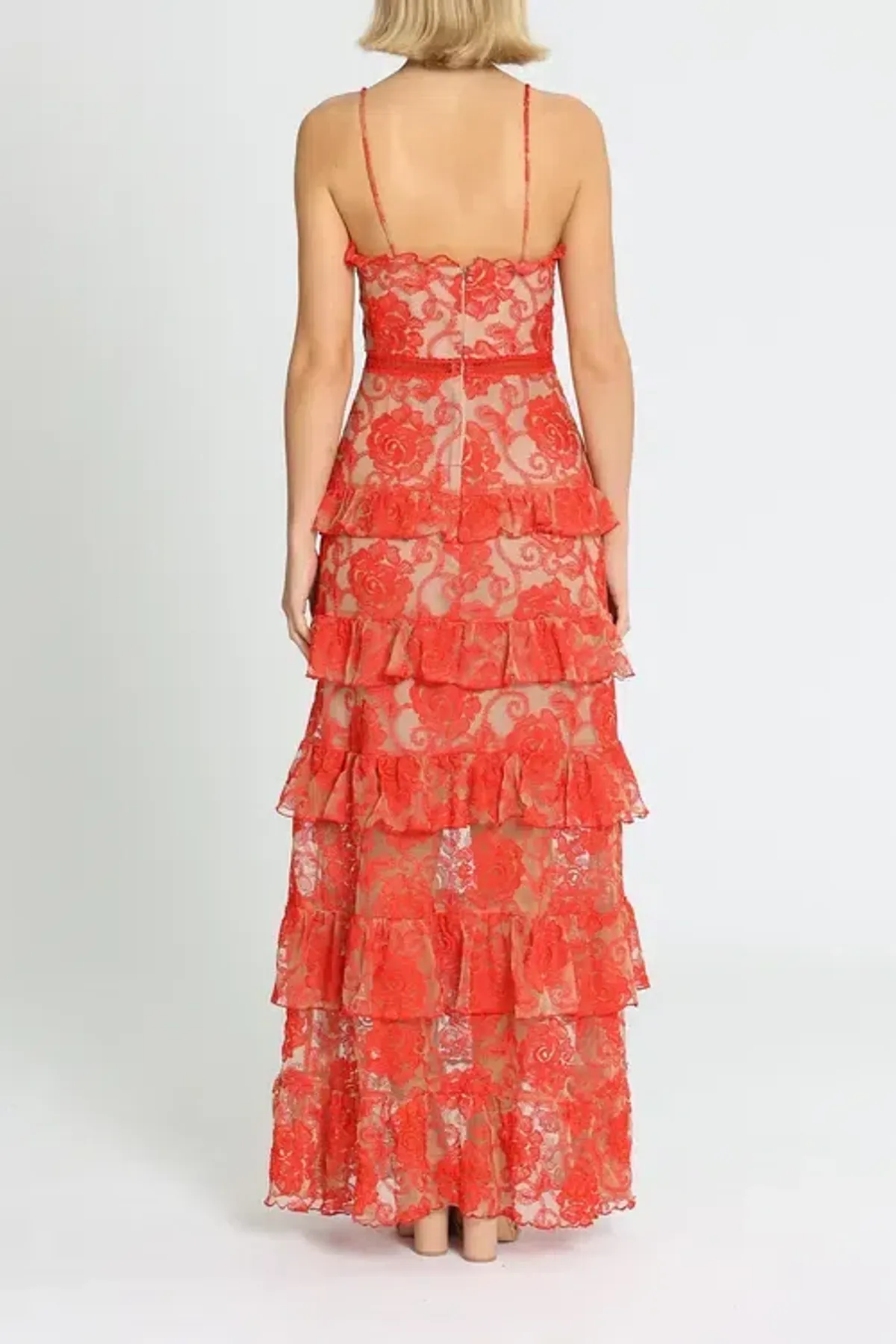 Nicholas Rosie Lace Tiered Gown Red Size 10 - Image 4