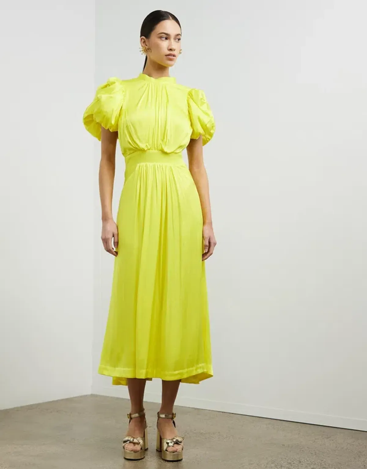 Rotate By Birger Christensen Heavy Satin Midi Dress Blazing Yellow Size 10 - Image 1