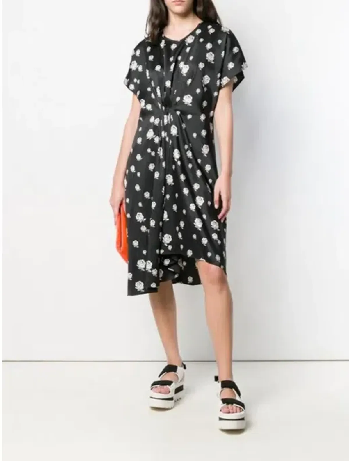 Kenzo Gathered Rose-Print Asymmetric Midi Dress Black/White Size 10 - Image 3